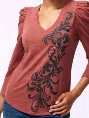 Chico's Brown Scroll Print 3/4 Sleeve Romantic Tee - Size Large